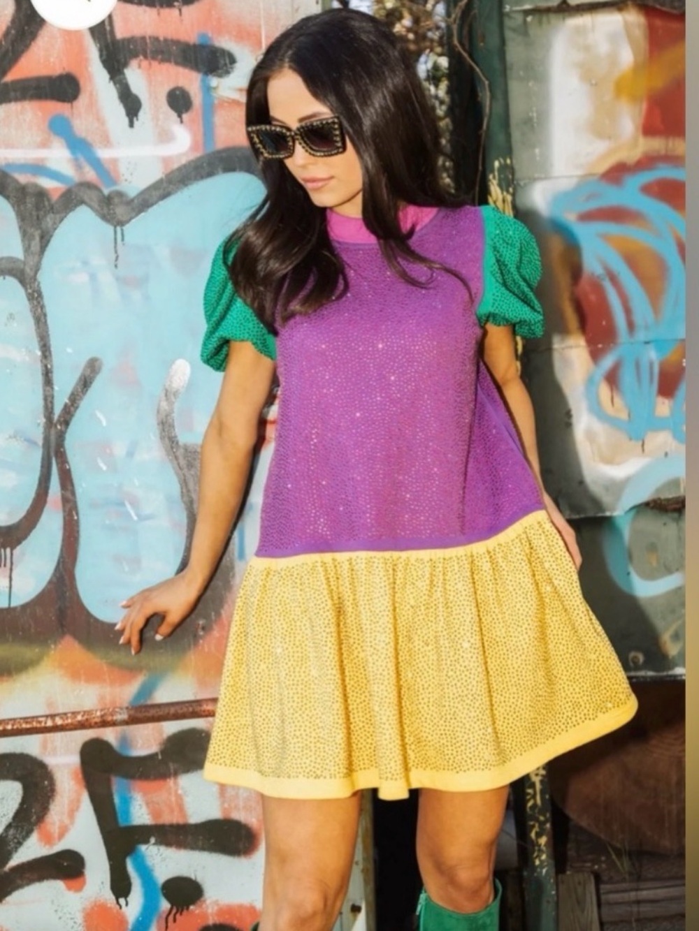 Queen Of Sparkles RARE Mardi Gras Rhinestone Puff Sleeve Mini Dress Sz XS